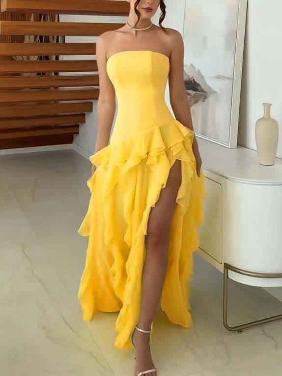 Tube Top Multi-layer Ruffled Side Slit Maxi Dress