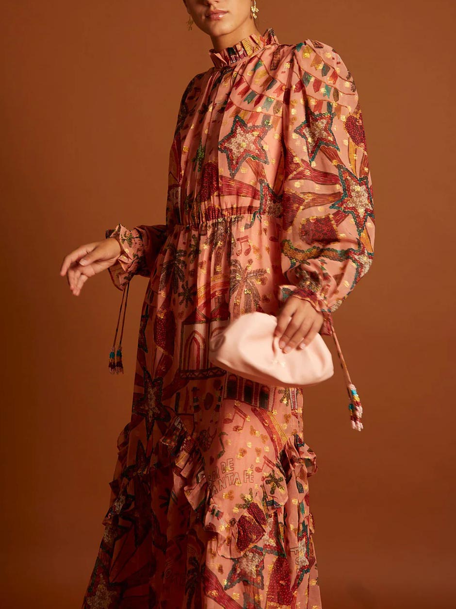 Elegant Printed Ruffled Long-Sleeved Maxi Dress
