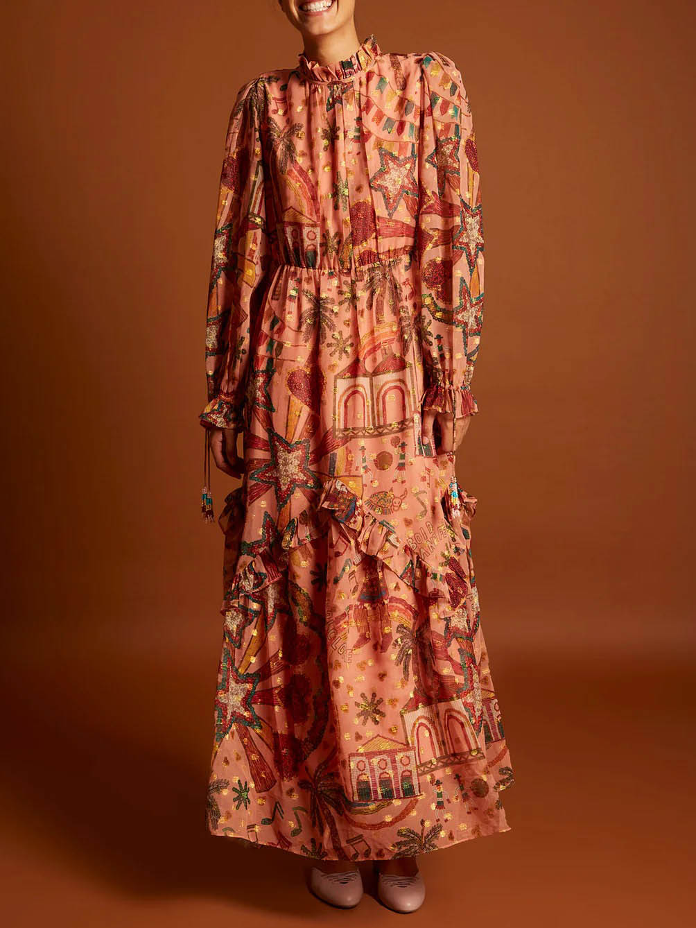 Elegant Printed Ruffled Long-Sleeved Maxi Dress