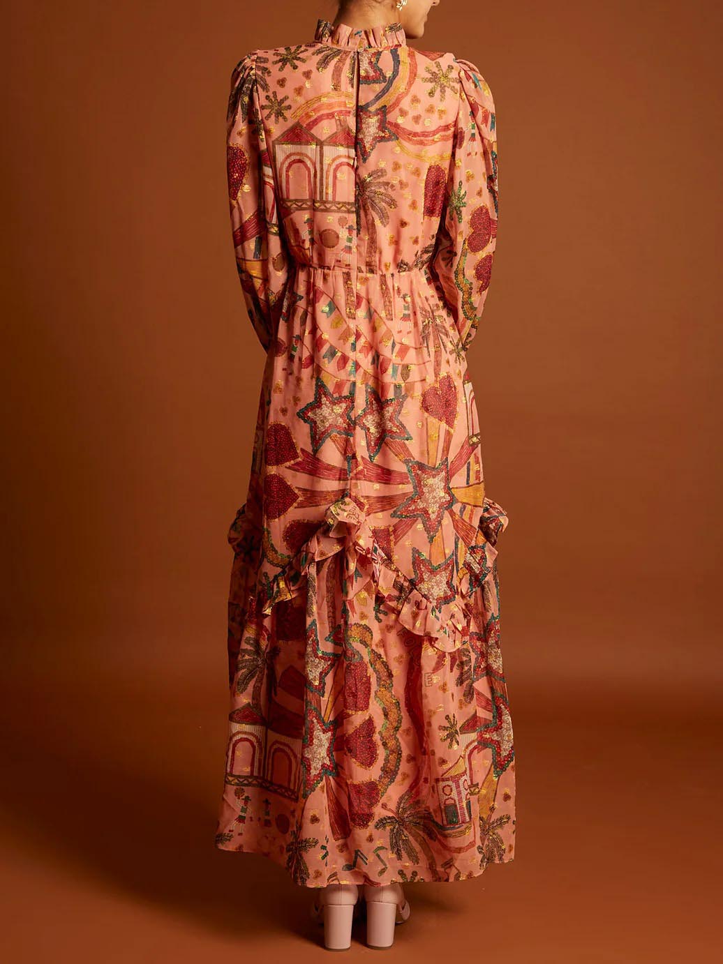 Elegant Printed Ruffled Long-Sleeved Maxi Dress