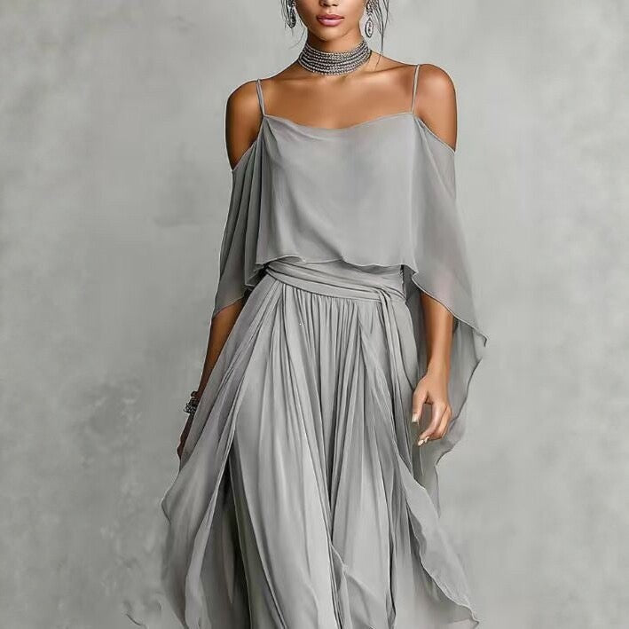 Elegant Off-Shoulder Chiffon Camisole & Wide-Leg Pants Two-Piece Set