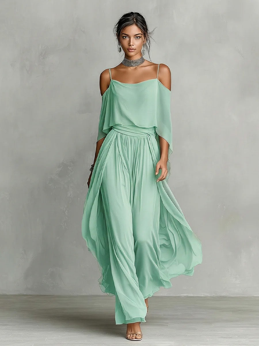 Elegant Off-Shoulder Chiffon Camisole & Wide-Leg Pants Two-Piece Set