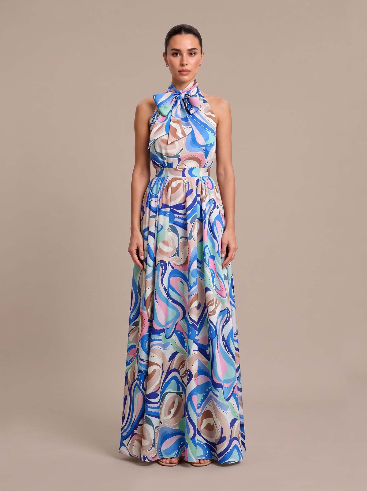 Elegant French High Waist Chiffon Printed Maxi Dress