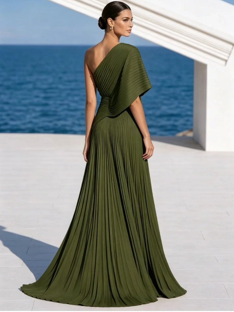 Vibrant Orange One-Shoulder Pleated Maxi Dress – Grecian Gown