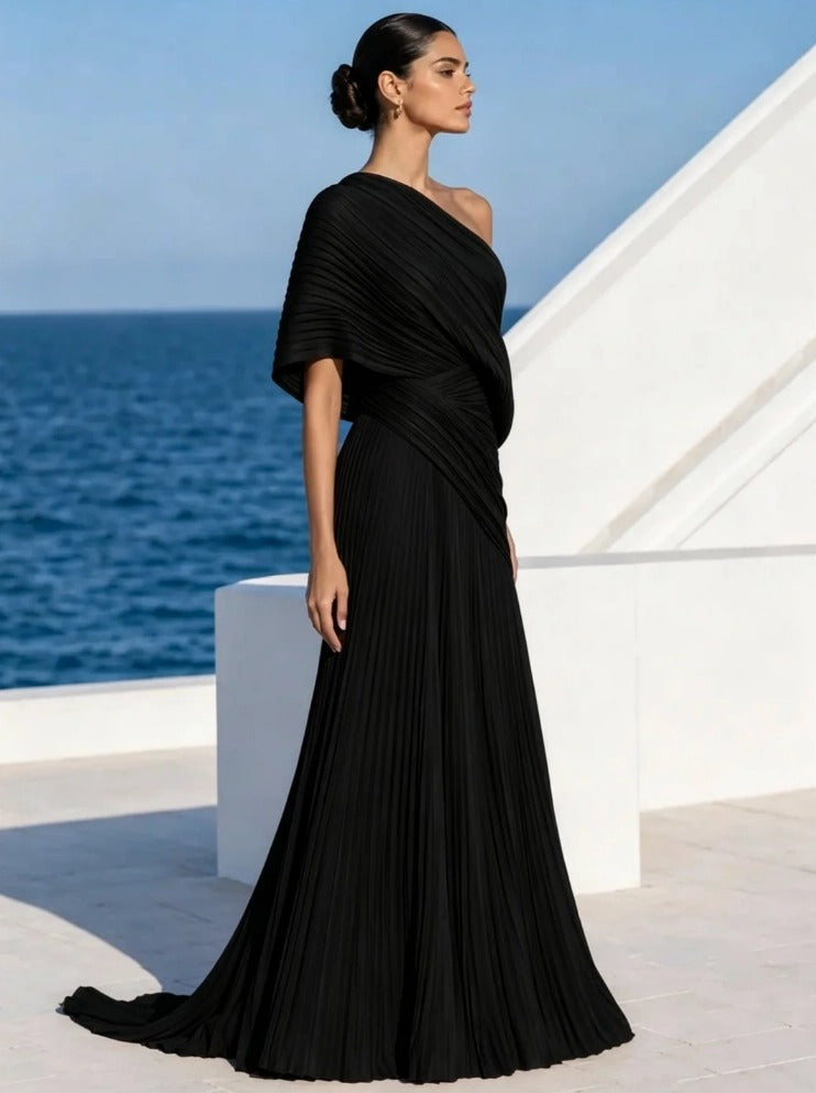 Vibrant Orange One-Shoulder Pleated Maxi Dress – Grecian Gown