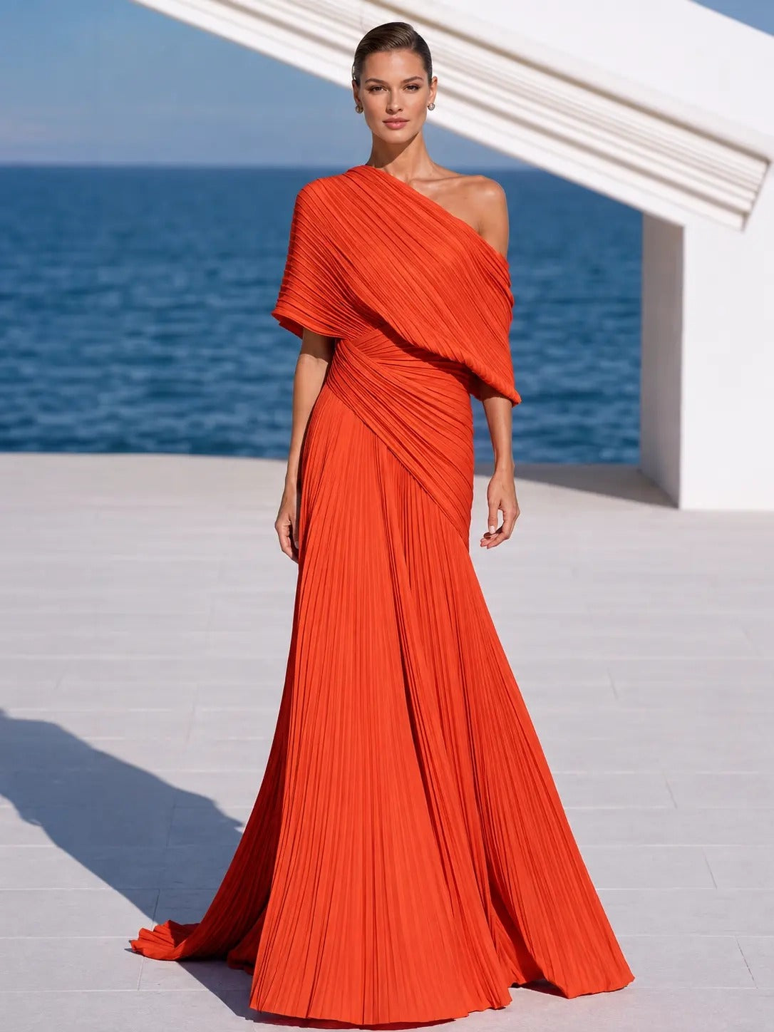 Vibrant Orange One-Shoulder Pleated Maxi Dress – Grecian Gown