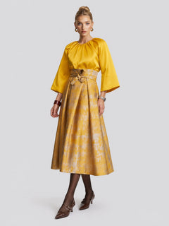 Elegant Yellow Satin Long Sleeve Blouse and Jacquard Belted Midi Skirt Set