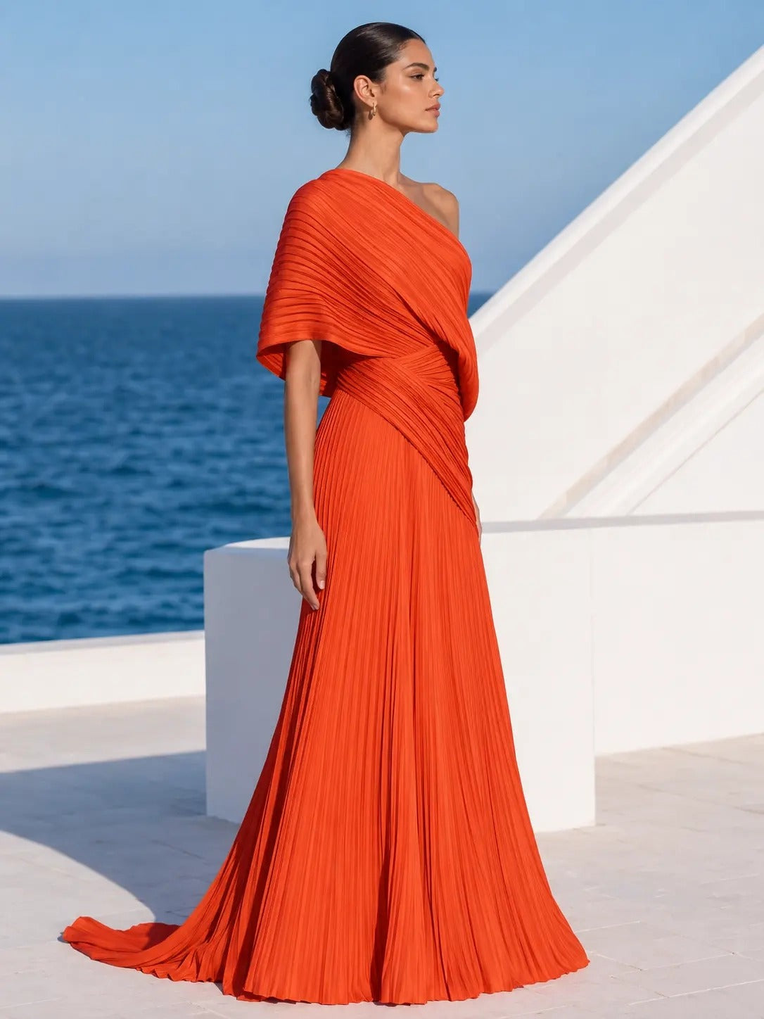Vibrant Orange One-Shoulder Pleated Maxi Dress – Grecian Gown