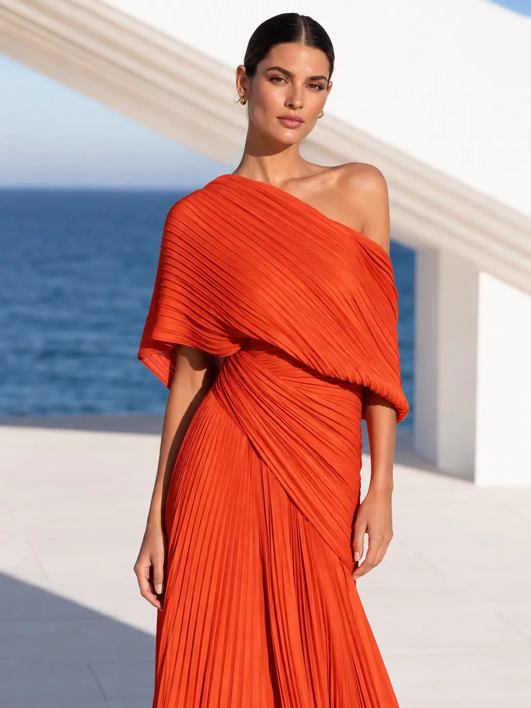 Vibrant Orange One-Shoulder Pleated Maxi Dress – Grecian Gown