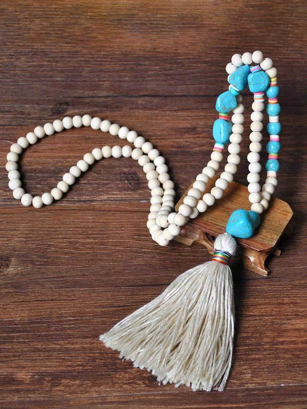 Wooden Beads Tassel and Peace Charm Pendant Long Necklace
