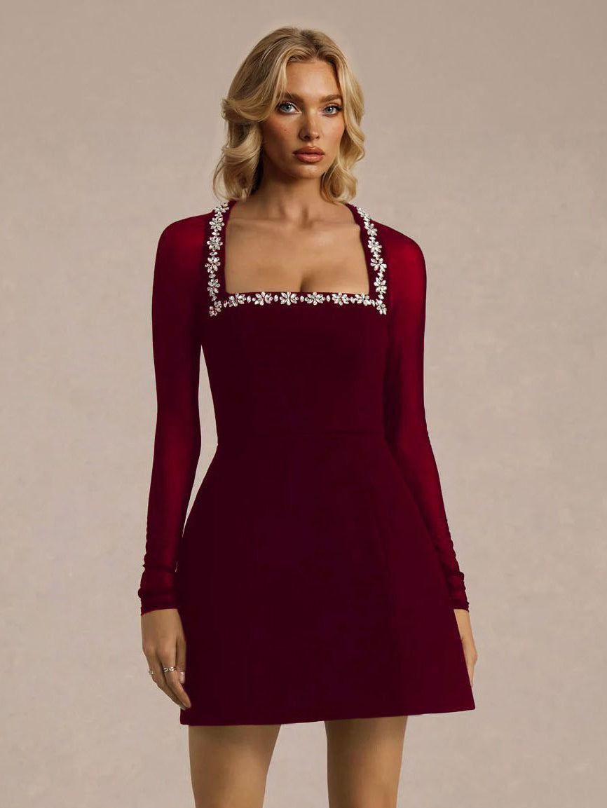 Elegant Crystal-embellished Mesh Sleeve Mini Dress