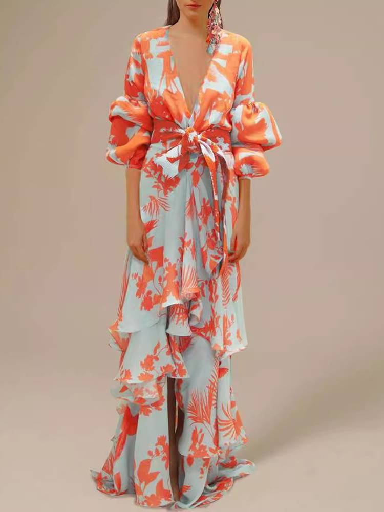 Unique Print Deep V Neck Dress