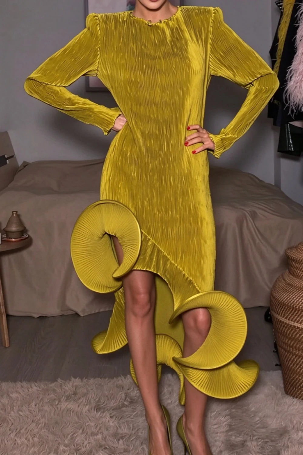 Long Sleeve Pleated High Low Dress with Sculptural Ruffle Hem