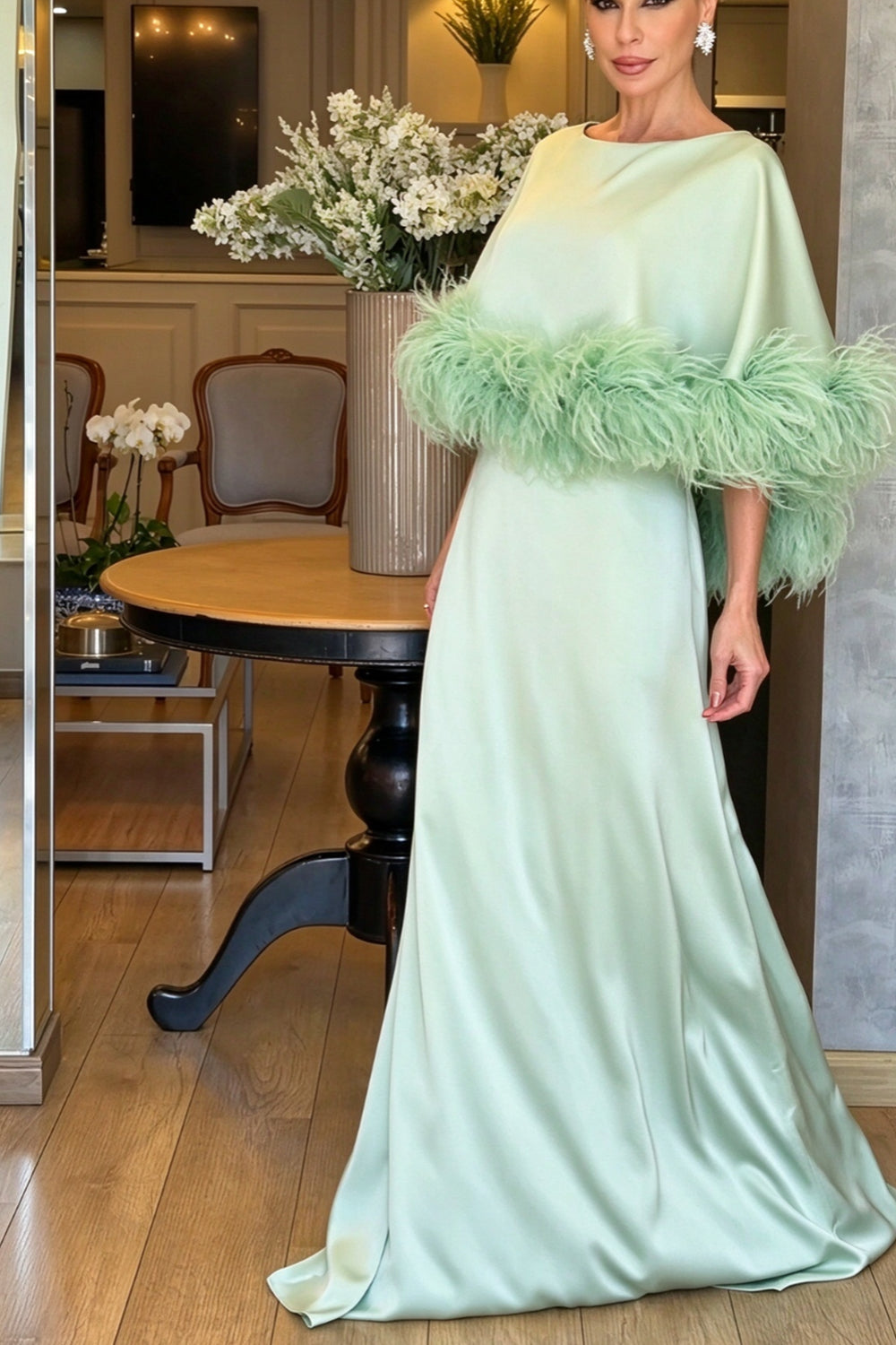 Satin Feather Cape Maxi Formal Gown