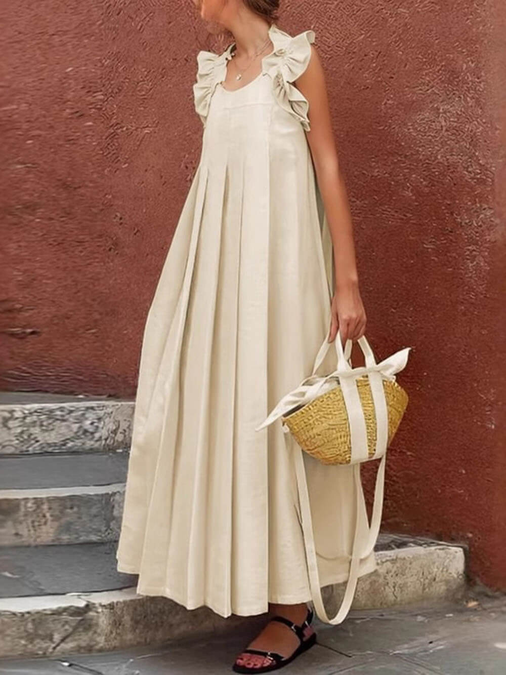 Fashionable And Casual Ruffled Decorative Pleated All-Match Holiday Maxi Dress