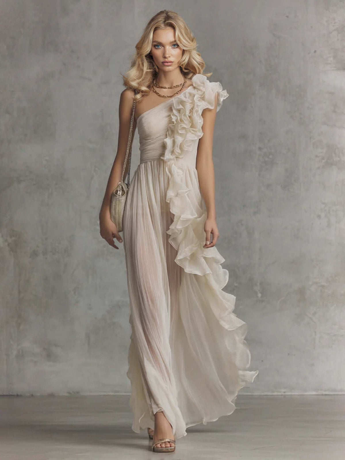 Elegant One-Shoulder Ruffle Chiffon Pleated Maxi Dress