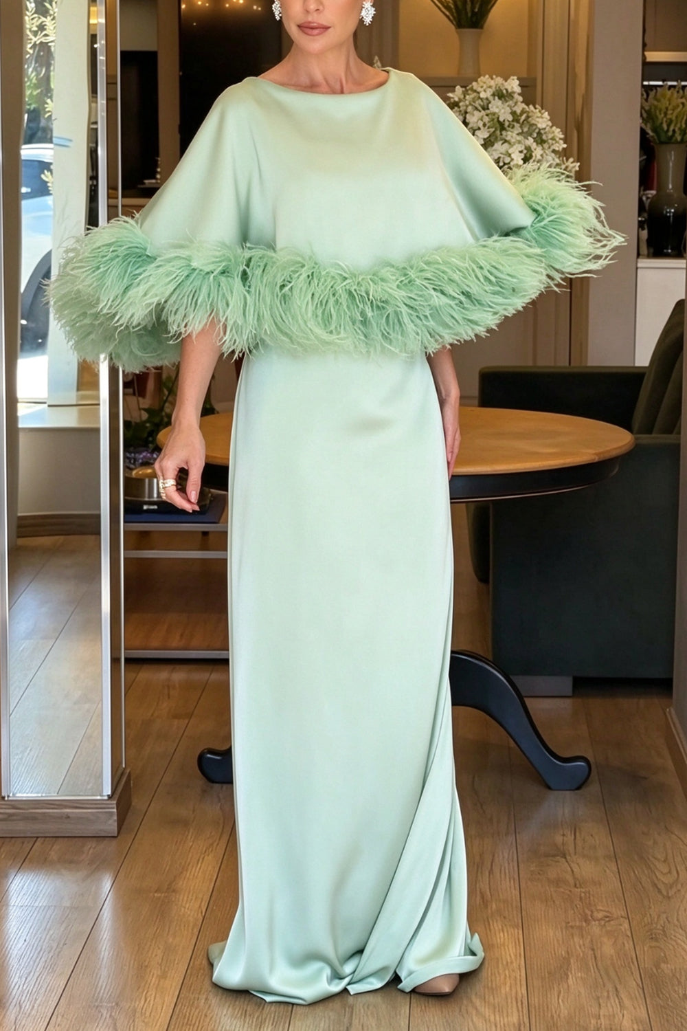 Satin Feather Cape Maxi Formal Gown