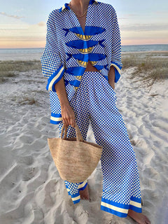 Unique Ocean Print Oversized Shirt and Elastic Waist Pocket Pants Set
