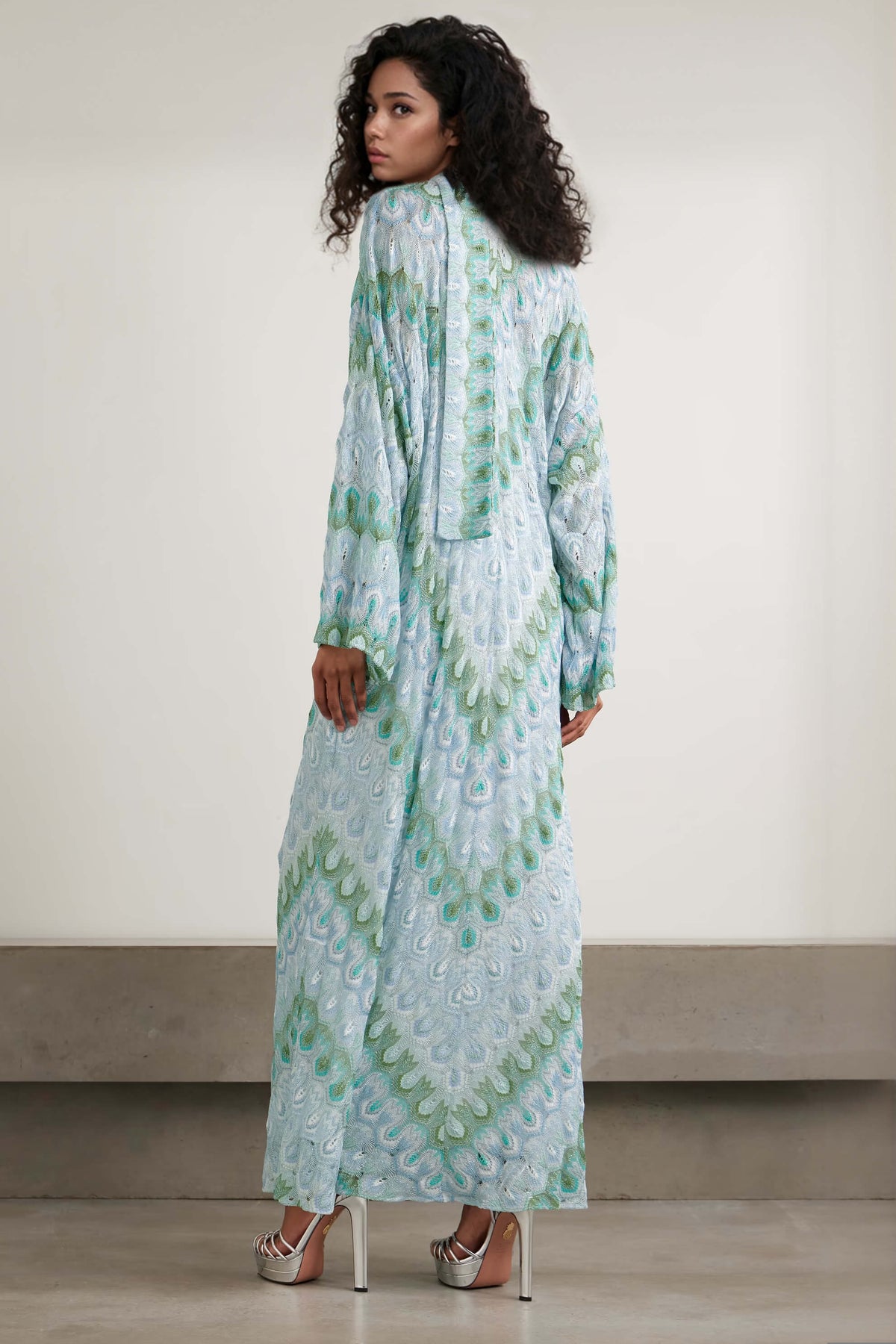 Boho Peacock Print Tie-Detail Striped Metallic Crochet Maxi Dress
