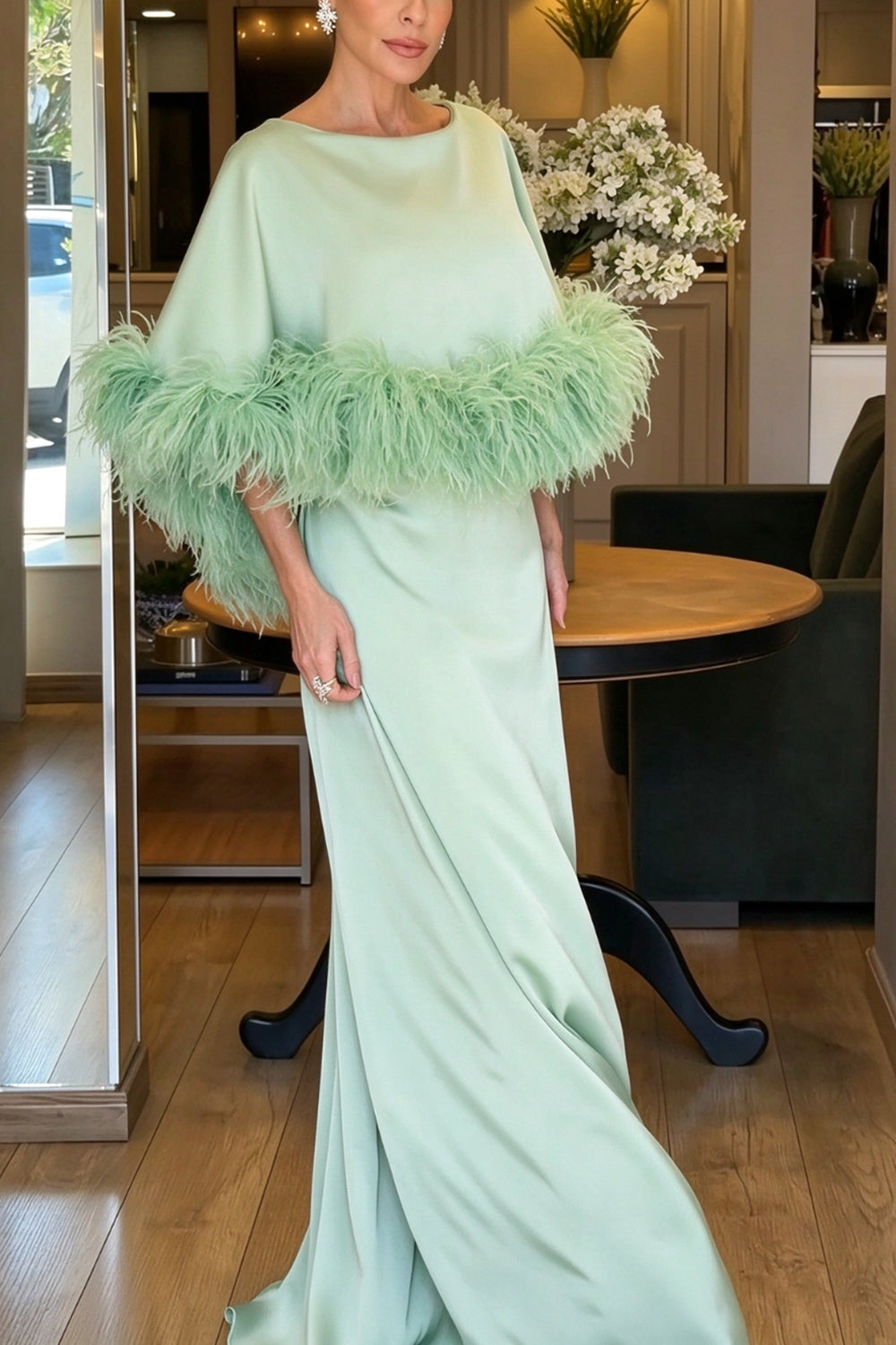 Satin Feather Cape Maxi Formal Gown