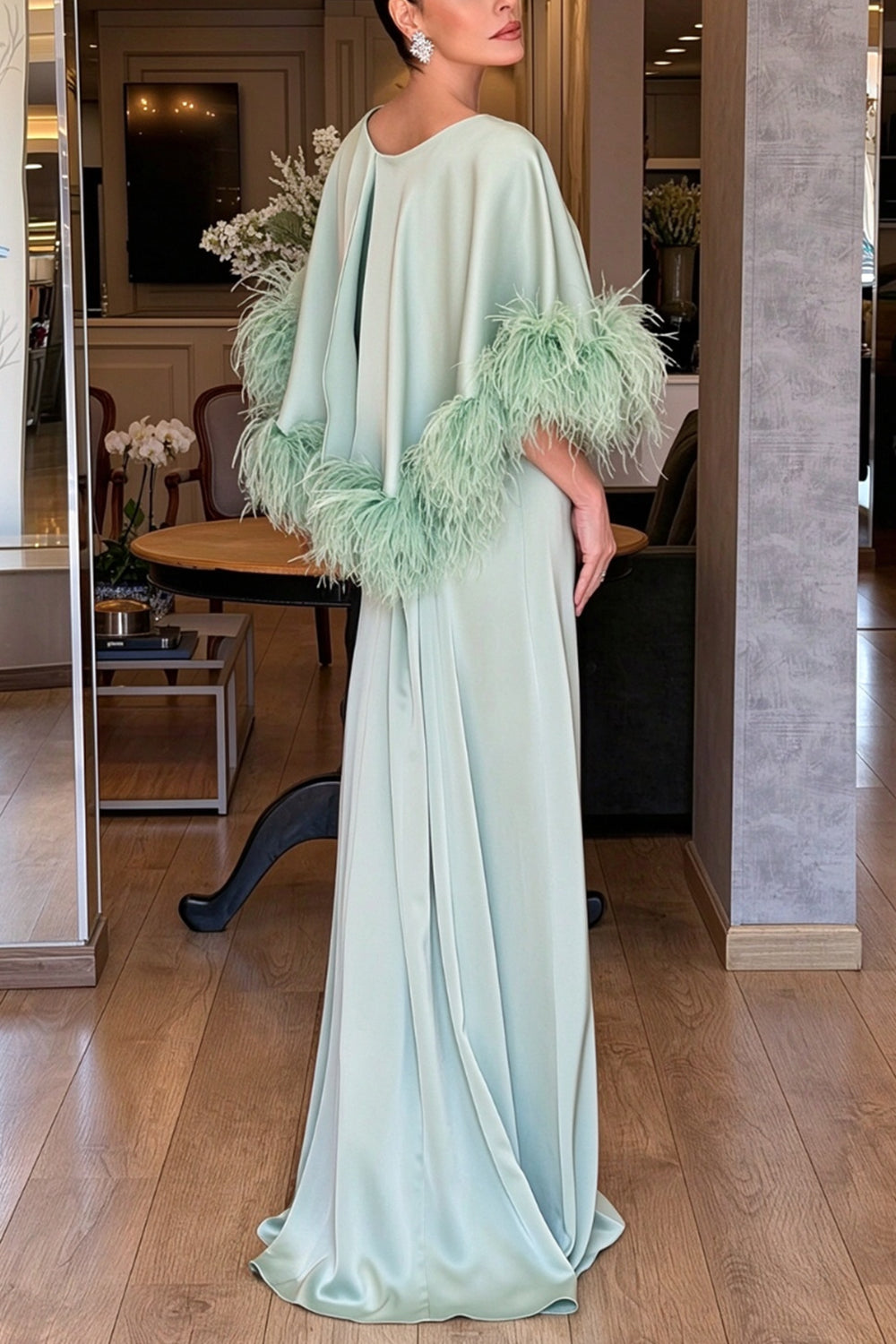 Satin Feather Cape Maxi Formal Gown
