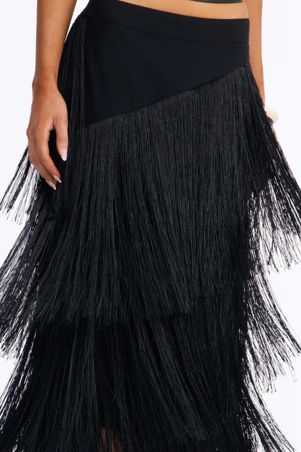 One Shoulder Tie Crop Top Fringe Maxi Skirt Two Piece Set