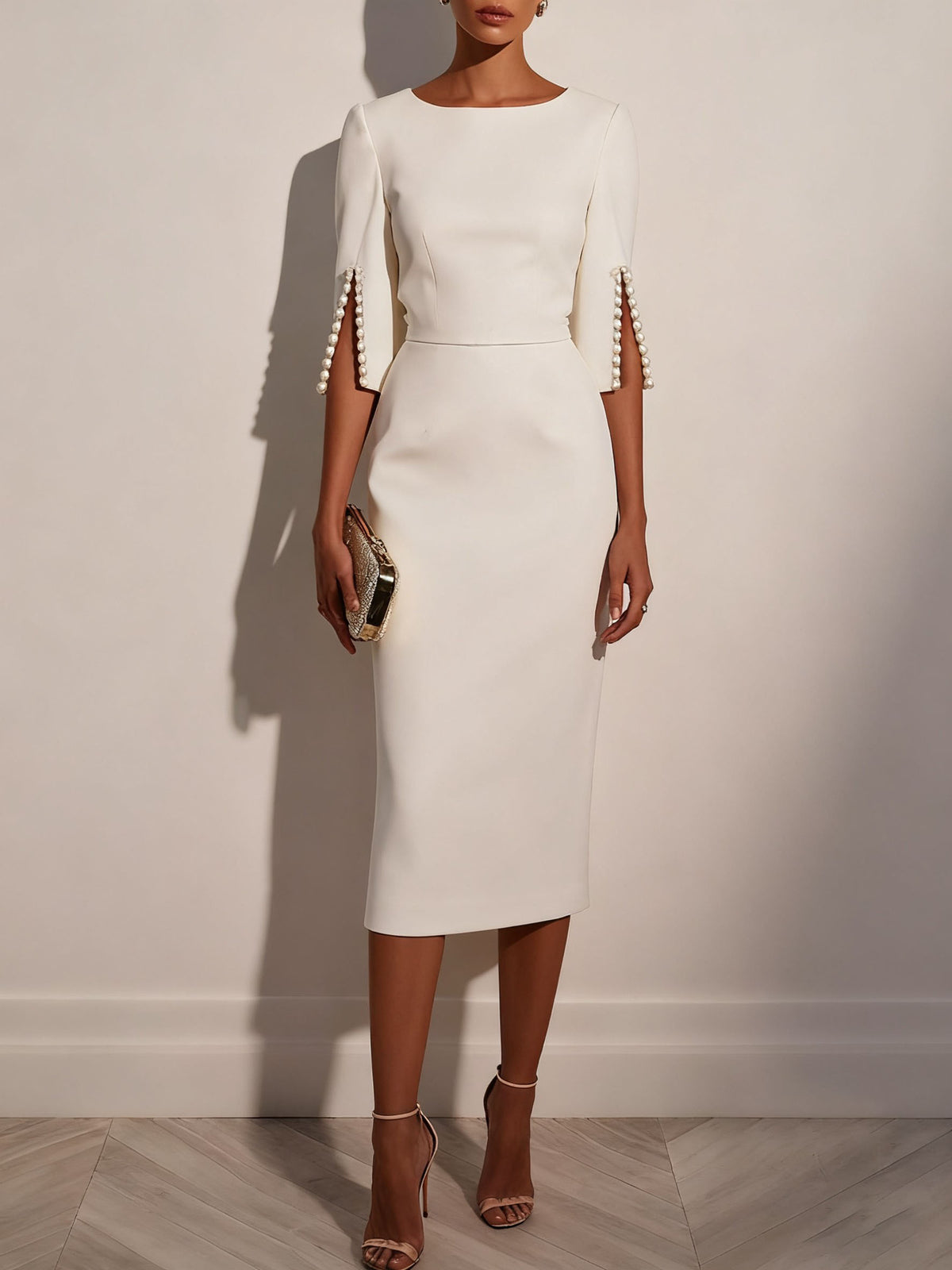 Elegant Round Neck Pearl Short Sleeve Midi Dress