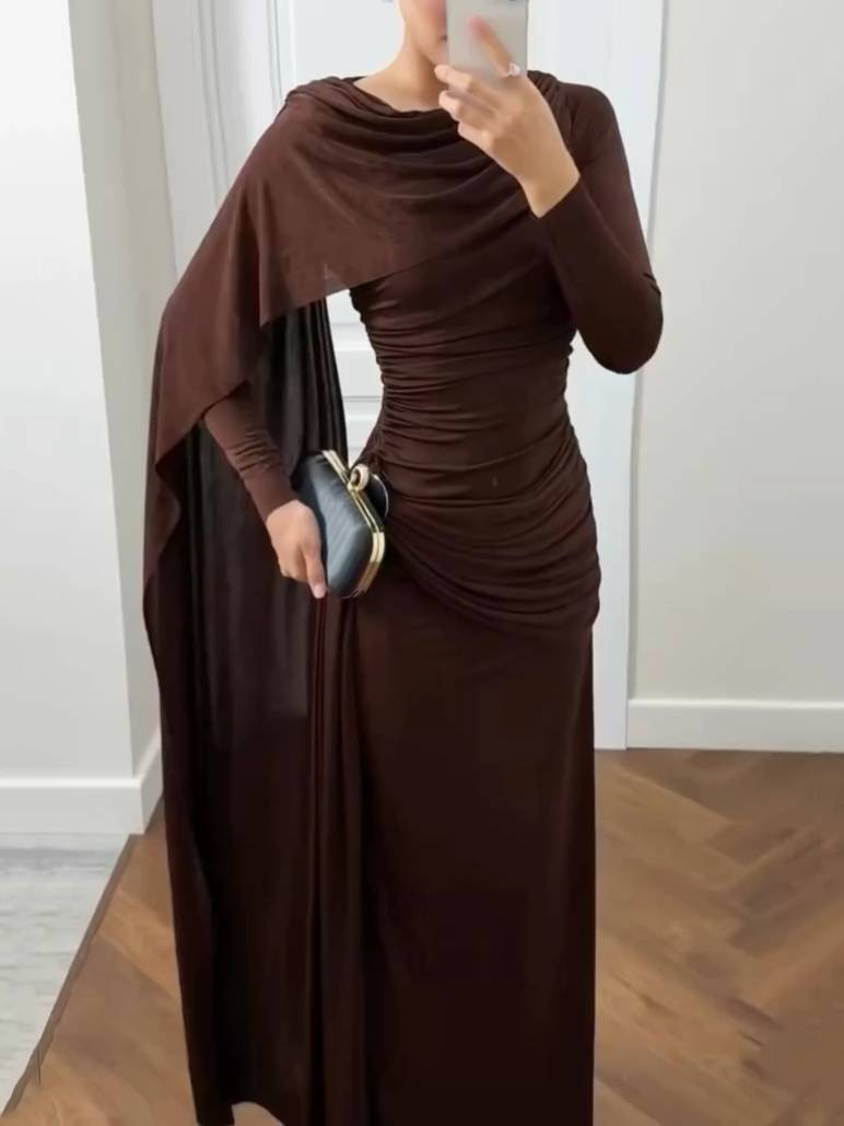 Irregular Shawl Ribbon Pleated Maxi Dress