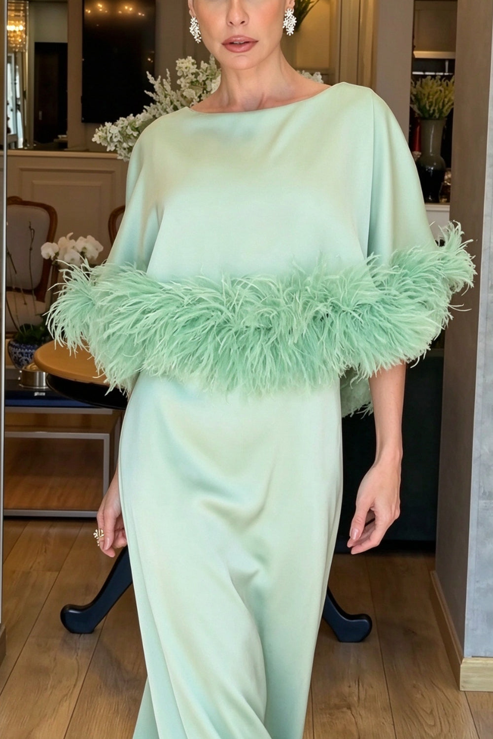 Satin Feather Cape Maxi Formal Gown