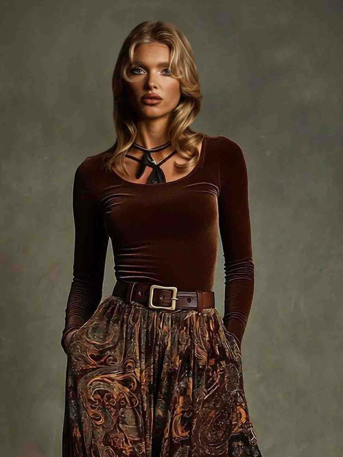 Retro Stretch Velvet Top And Paisley Print Maxi Skirt Set