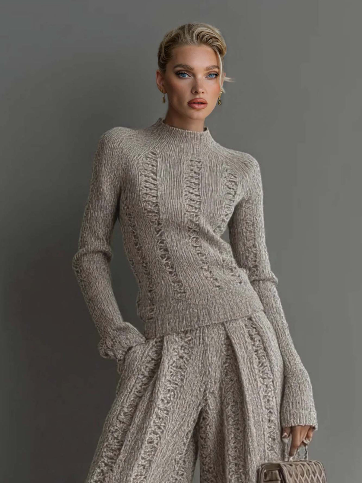 Casual turtleneck sweater and wide-leg pants suit