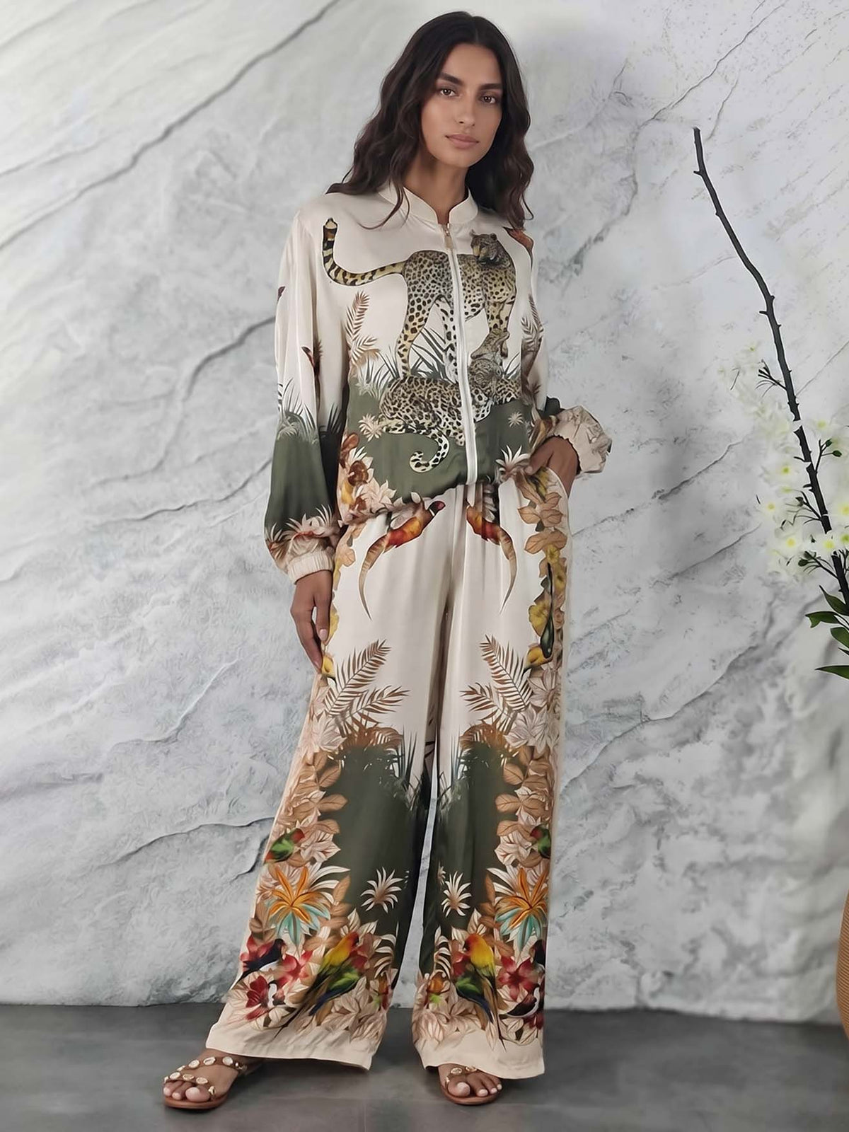 Exotic Jungle Print Zip-Up Long Sleeve Shirt