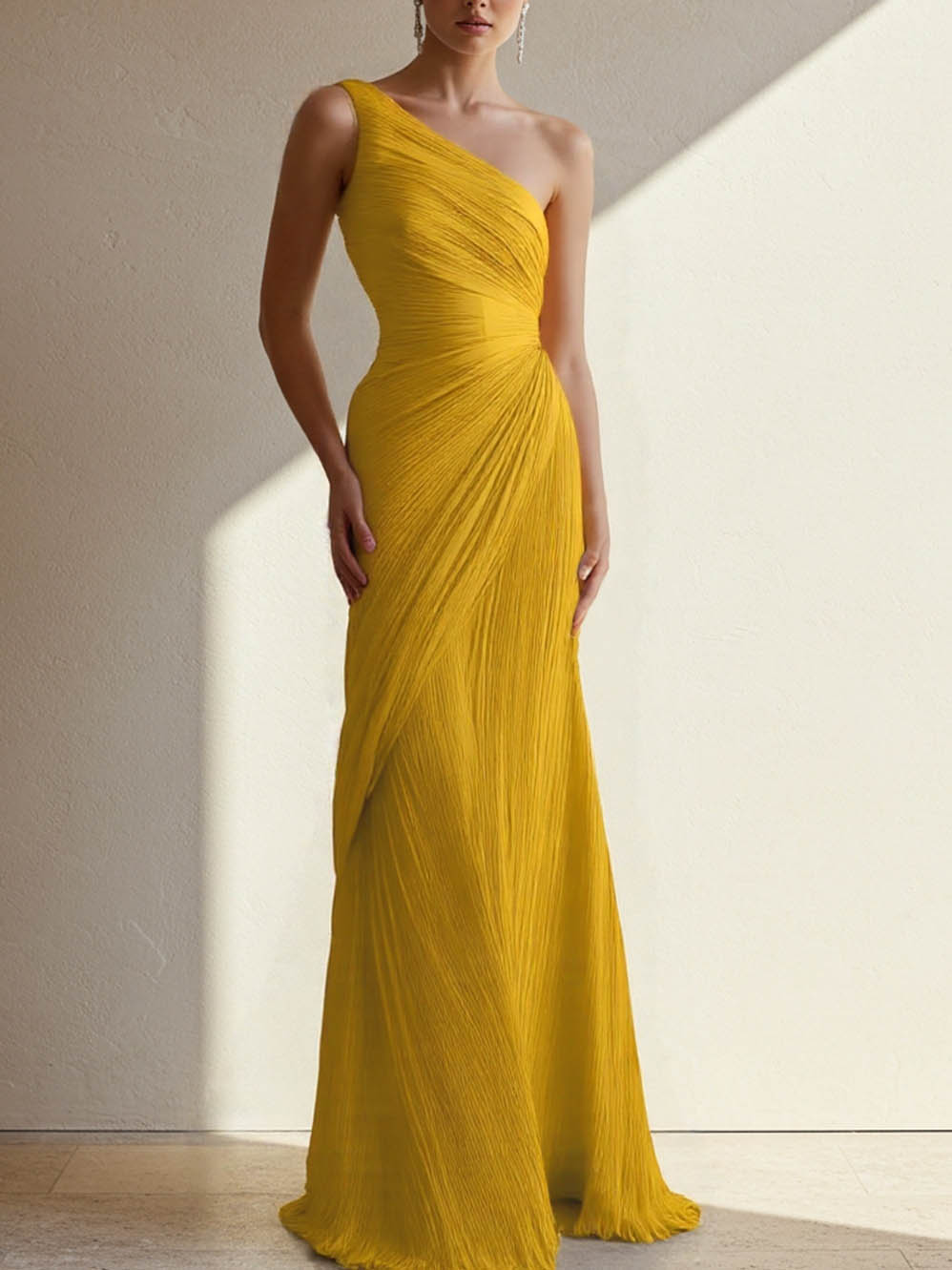 Elegant One-Shoulder Pleated Maxi Dress