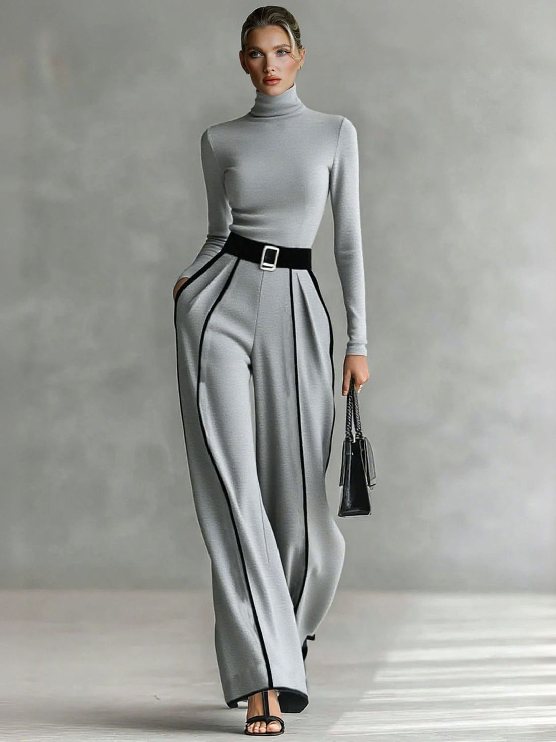Elegant High Neck Slim Fit Long Sleeve Top Two-Piece Set