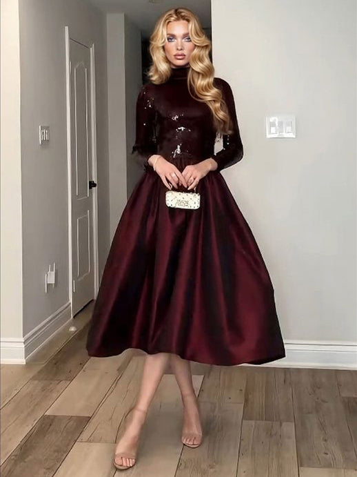 Elegant Sequined High-neck Party Midi Dress