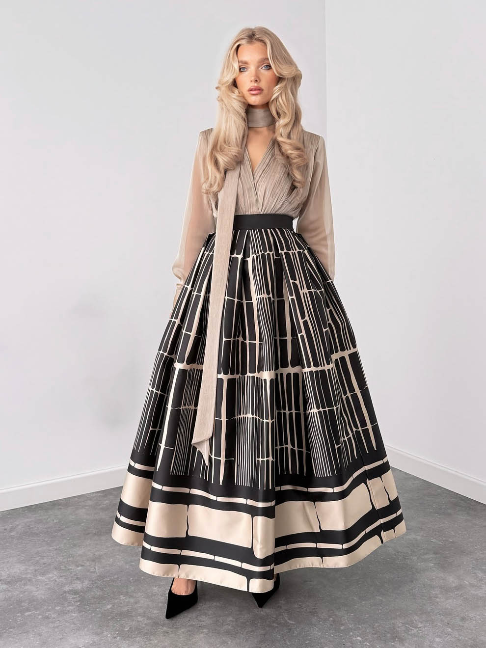Elegant Satin Printed A-line Skirt Two-piece Set