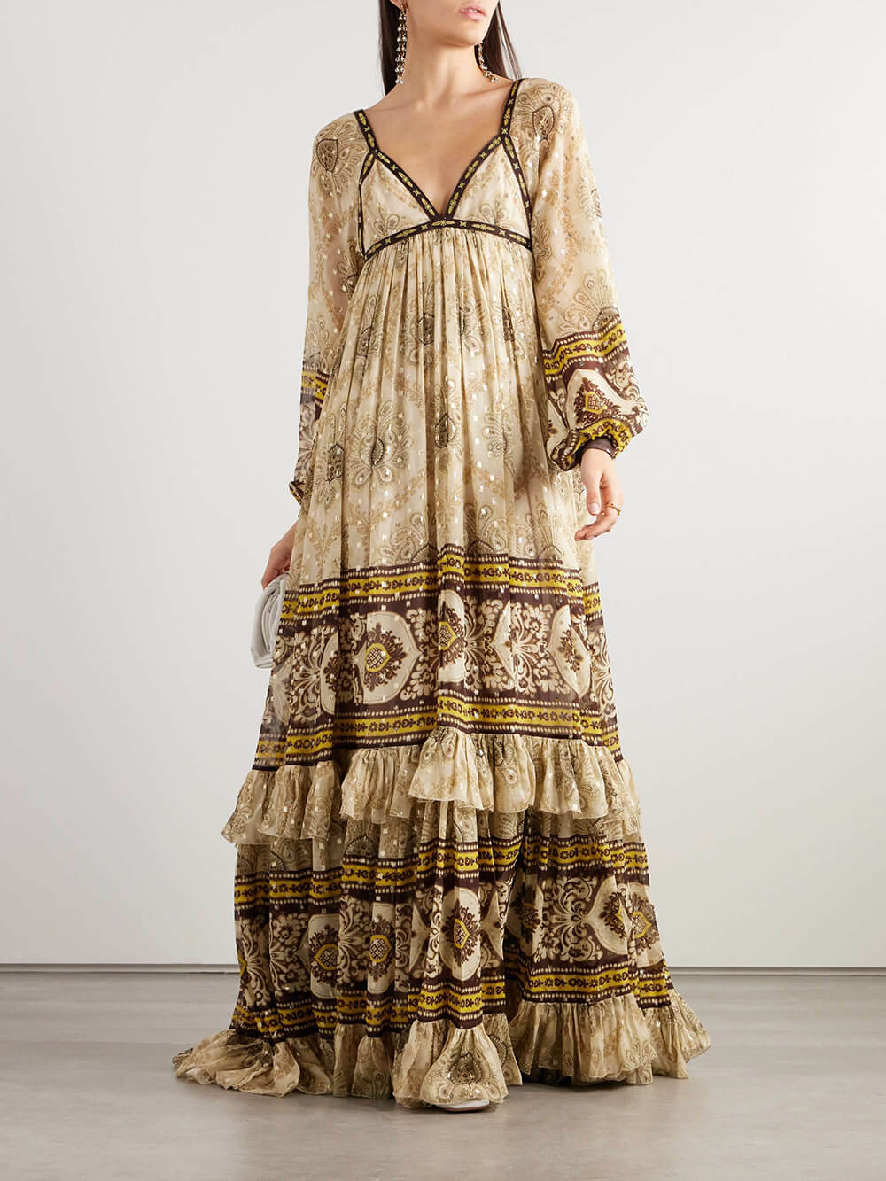Exquisite Enchanted Garden Floral Print Jacquard Chiffon Blend Multi-Layered Gown Dress
