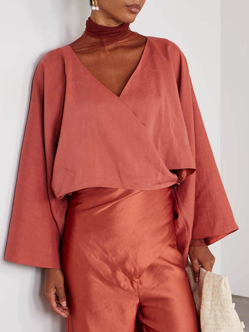 Unique Asymmetric Flared Sleeves Wrap Crop Top