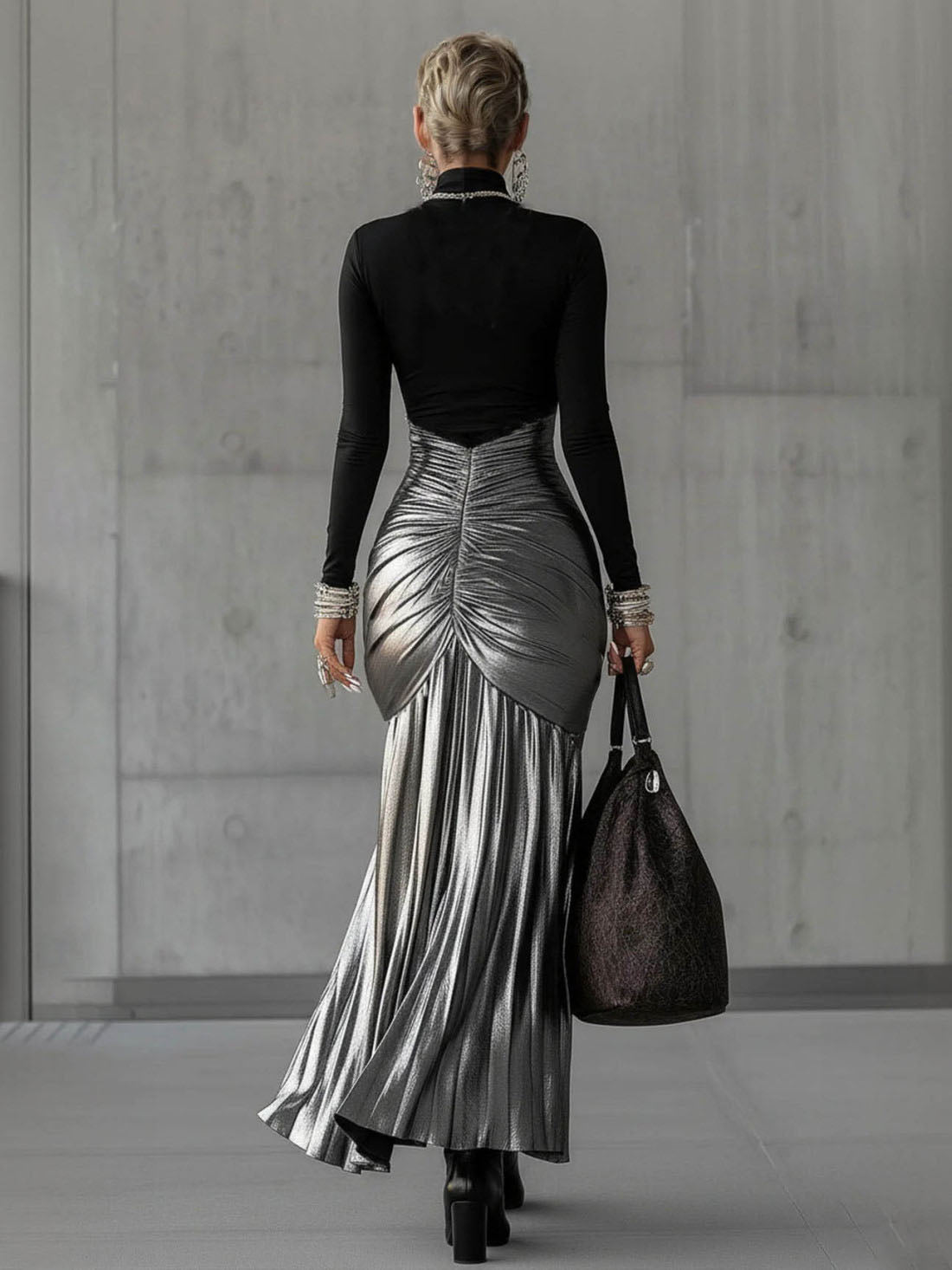 Elegant Round Neck Metallic Silver Pleated Maxi Dress