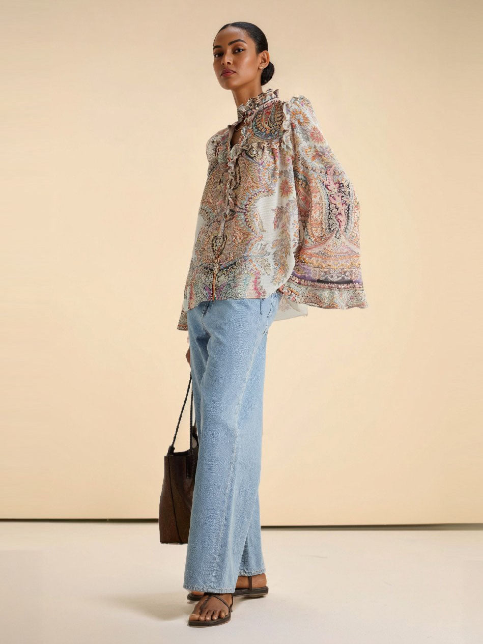 Exquisite Vintage Paisley Print Ruffled Shirt