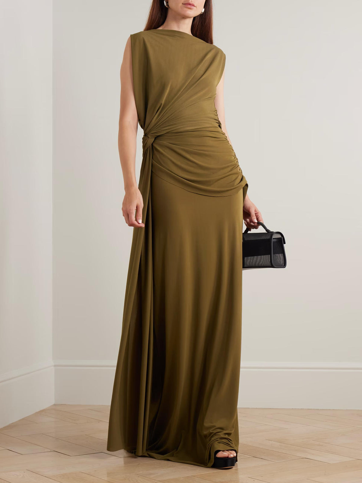 Elegant Draped Crinkled Stretch-knit Maxi Dress
