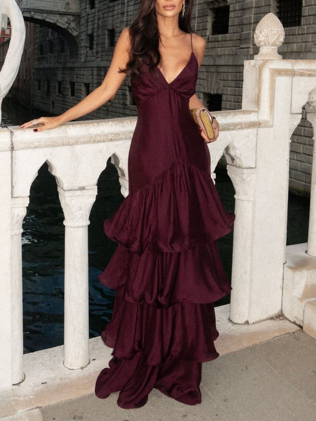 Elegant Deep V-Neck Tiered Ruffle Maxi Dress