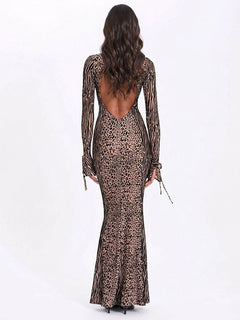 Exquisite Leopard Velvet Mesh Halter Maxi Dress