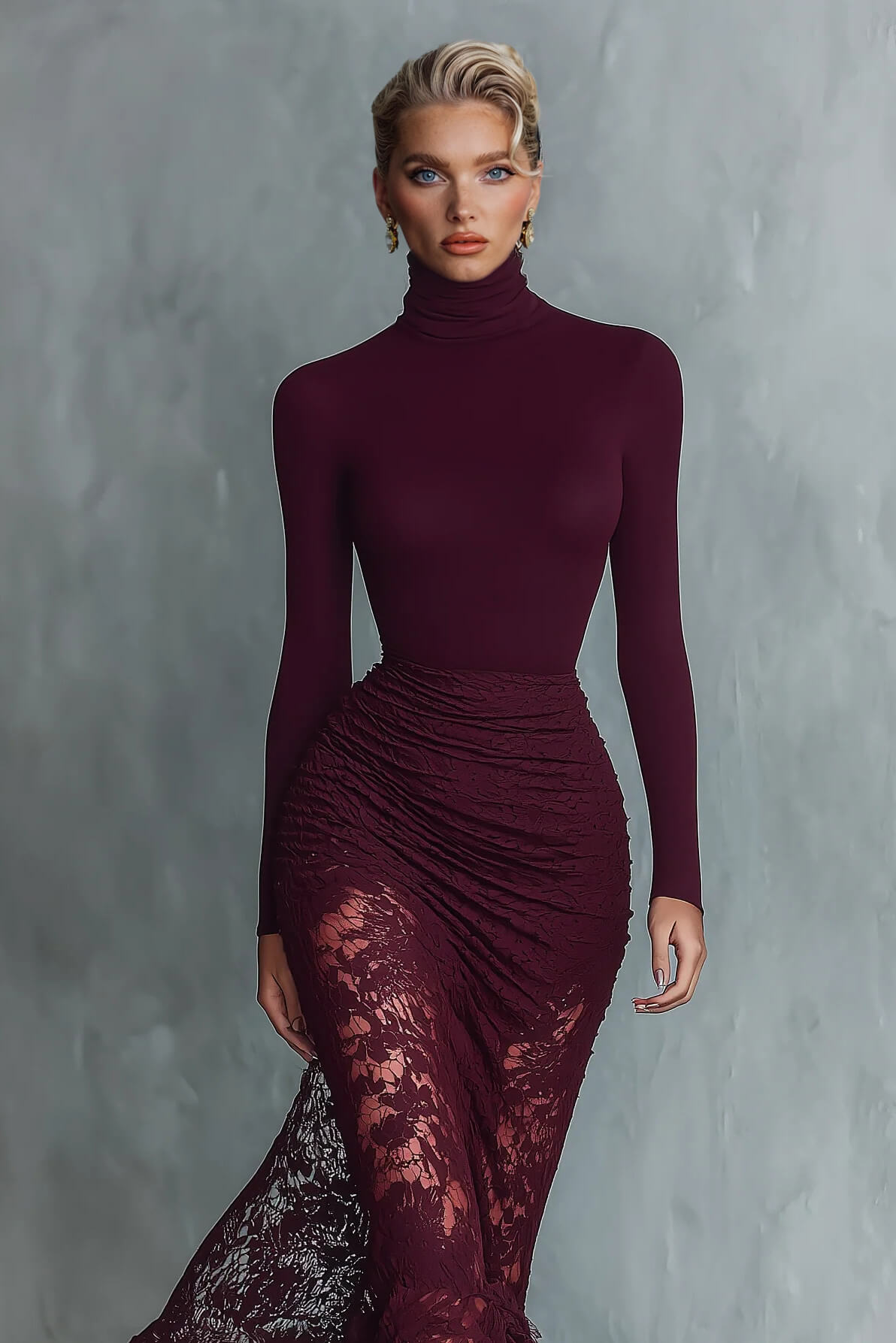 Fashionable Elegant High-Neck Lace-Trimmed Fitted Maxi Dress