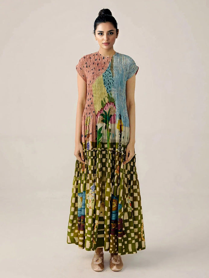 Retro Pleated Print Maxi Dress