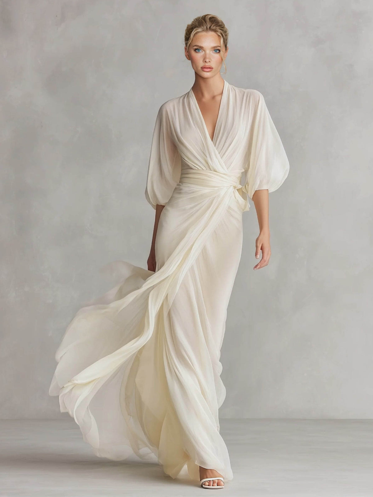 Elegant Chiffon Puff-Sleeve Wrap Maxi Dress
