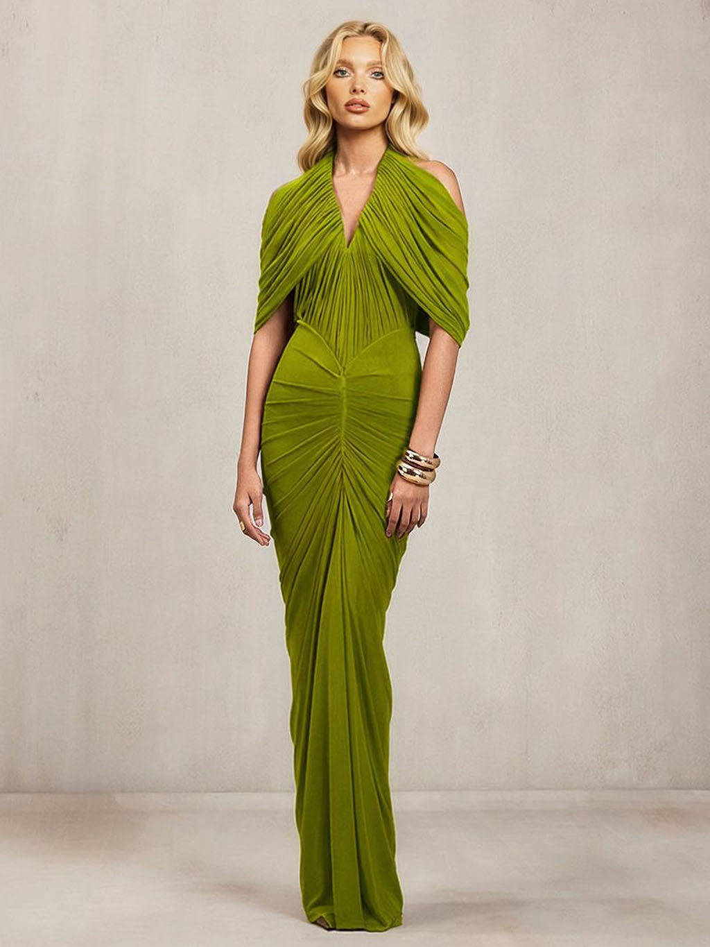 Ruched Draped Cape Sleeve Maxi Dress