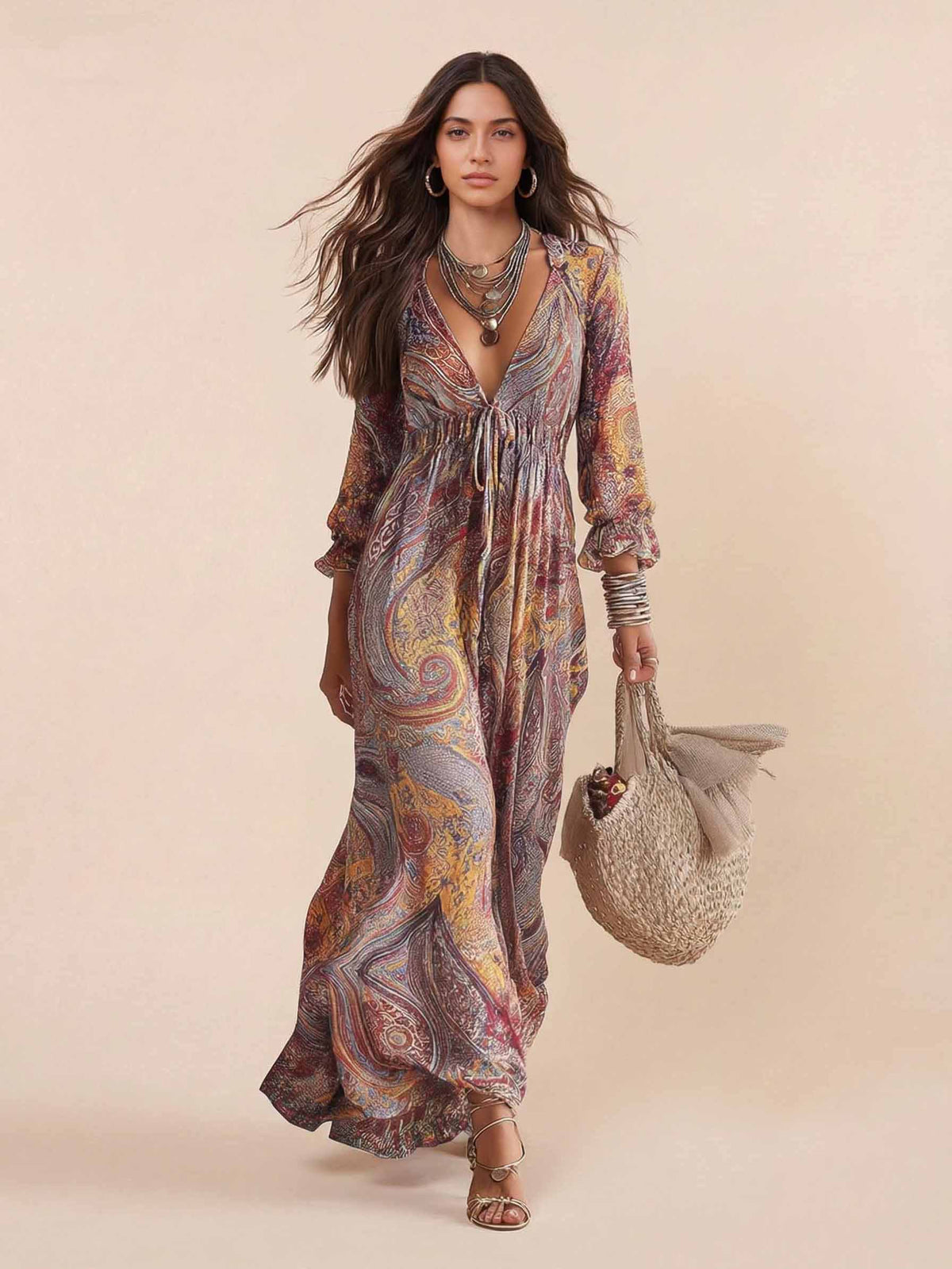 Retro Multicolor Swirl Print Flowy Maxi Dress