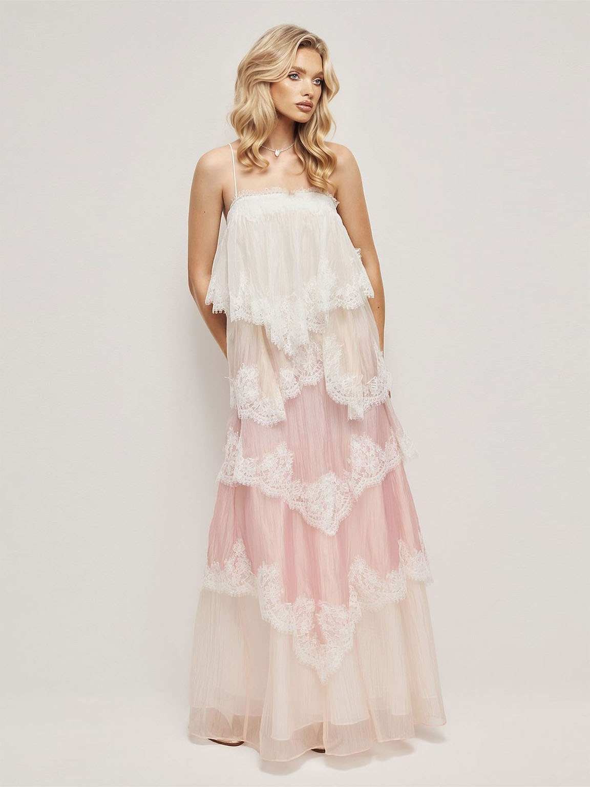 Ombre Tiered Lace Trim Spaghetti Strap Maxi Dress