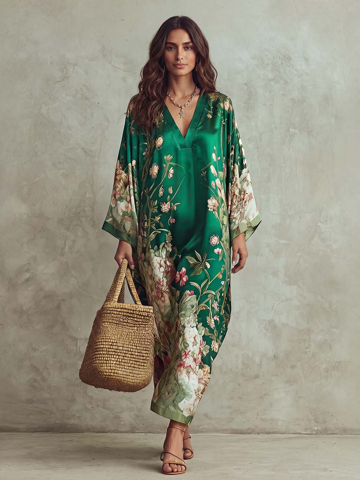 Elegant Floral Print Batwing Sleeve Maxi Dress